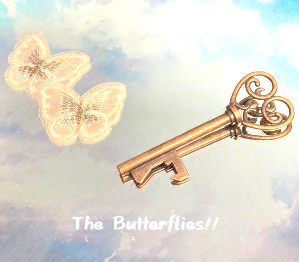 蝶々と鍵が浮かぶ空背景に『The butterflies!!』の文字が入った幻想的な画像