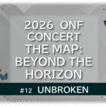 グレーの幾何学的な空間に、青い蝶が右上に飛ぶ。「UNBROKEN」「2026 ONF CONCERT THE MAP:BEYOND THE HORIZON」の文字入り