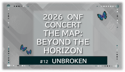 グレーの幾何学的な空間に、青い蝶が右上に飛ぶ。「UNBROKEN」「2026 ONF CONCERT THE MAP:BEYOND THE HORIZON」の文字入り