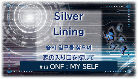 暗闇の中にデジタル光。青い蝶が５匹飛んでいる。「Silver Lining森の入り口を探して숲의 입구를 찾으며＃１３ONF：MY SELF」 の文字入り