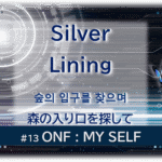 暗闇の中にデジタル光。青い蝶が5匹飛んでいる。「Silver Lining森の入り口を探して숲의 입구를 찾으며#13ONF:MY SELF」 の文字入り