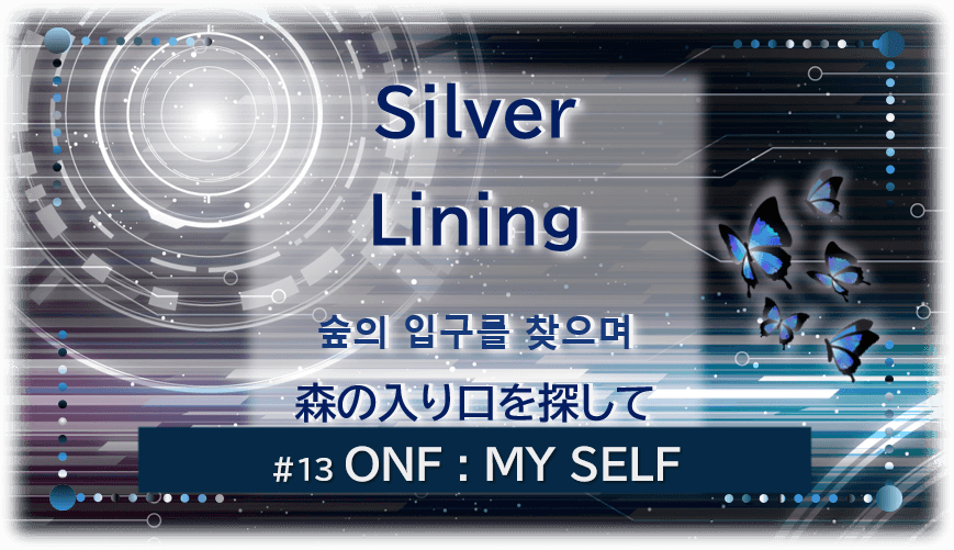暗闇の中にデジタル光。青い蝶が５匹飛んでいる。「Silver Lining森の入り口を探して숲의 입구를 찾으며＃１３ONF：MY SELF」 の文字入り